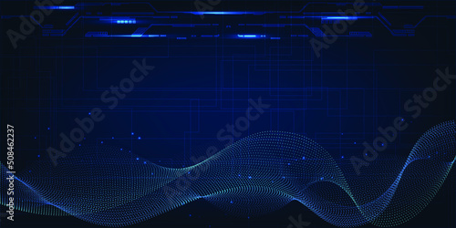 Vector illustration of blue digital environment horizon grid line circuit and waveform wireframe.Future digital technology and innovation concept.