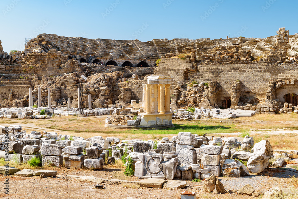 Awesome ruins of the commercial agora in Side, Turkey