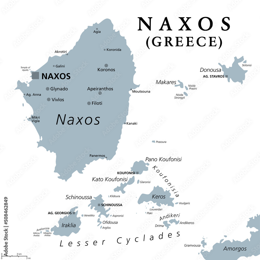 Naxos and Lesser Cyclades, Greek islands, gray political map. Island group in the Aegean Sea, part of the Cyclades archipelago. Popular tourist destination with a number of beaches and several ruins.