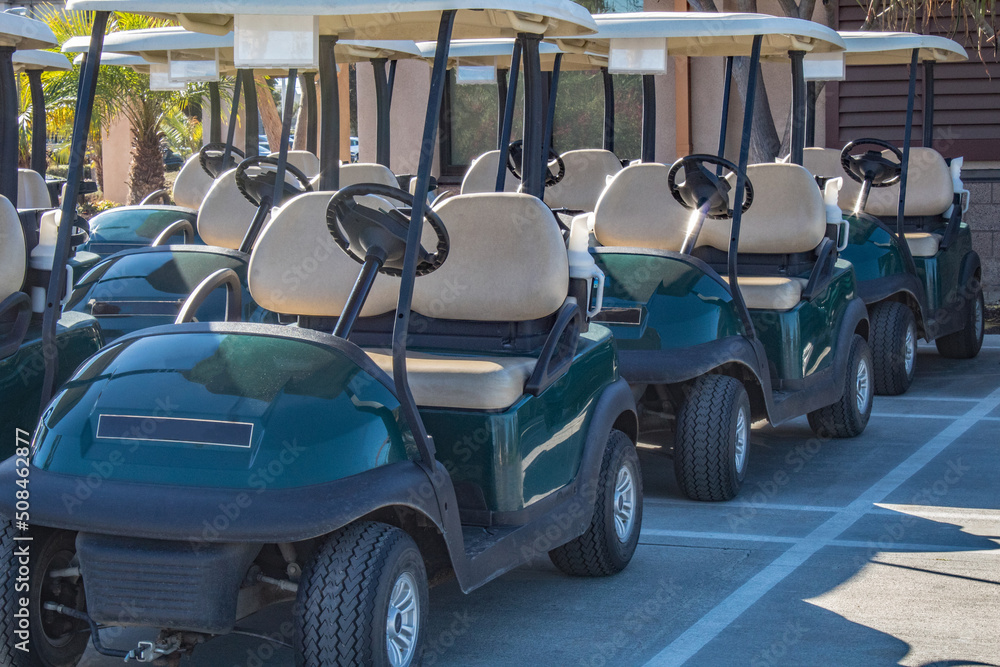 Stationed golf cars at a country club.