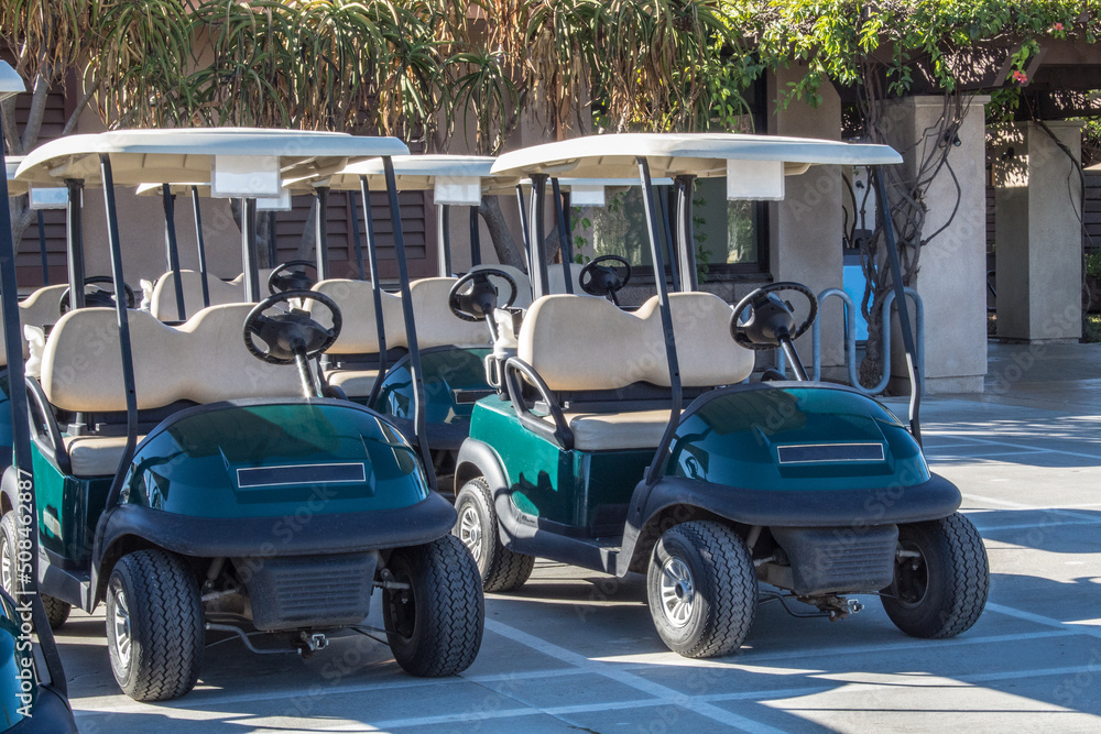 Rows of golf carts in parking area.