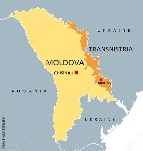 Moldova and Transnistria, political map. Republic of Moldova, with capital Chisinau, and the Pridnestrovian Moldavian Republic, PMR, a disputed and unrecognized breakaway state, with capital Tiraspol. photo