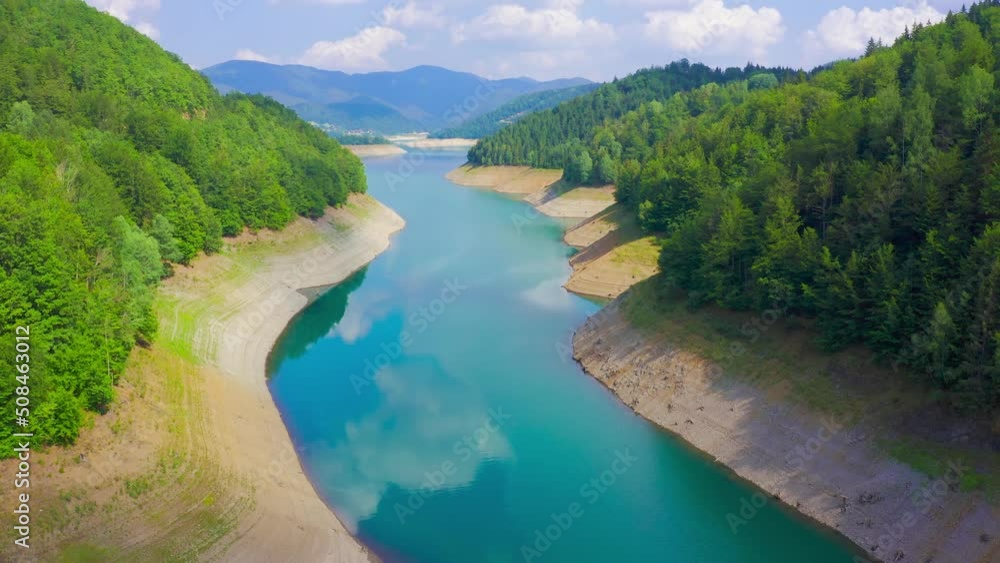 Aerial view on Beautiful shallow lake bed Zaovine lake from Tara mountain in Serbia. Aerial view on Beautiful shallow lake bed Zaovine lake from Tara mountain in Serbia.