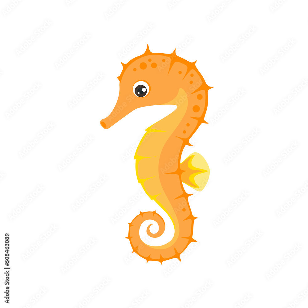 Fototapeta premium Cute cartoon seahorse isolated on white. Vector funny sea animal. Flat icon.