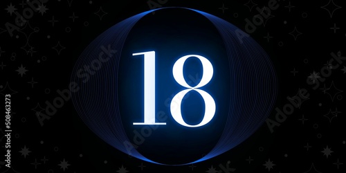 Number 18. Banner with the number eighteen on a black background and white stars with a circle blue in the middle photo