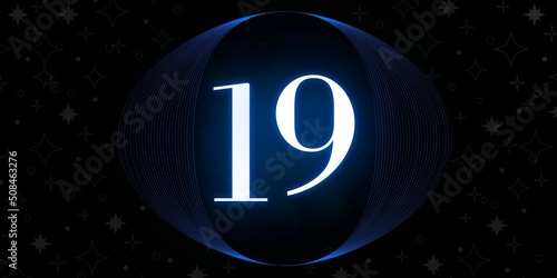 Number 19. Banner with the number nineteen on a black background and white stars with a circle blue in the middle photo