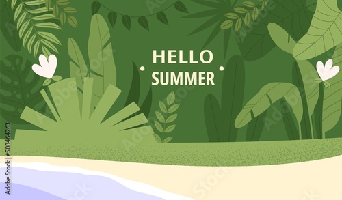 Flat vector illustration of a tropical landscap. Summer vacation banner on a tropical island or seaside resort.