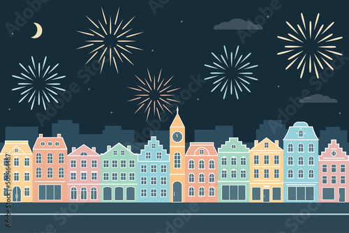 Fireworks in the city. Colorful old houses on dark blue background. Cartoon buildings. Night panoramic view. Flat style, vector illustration.
