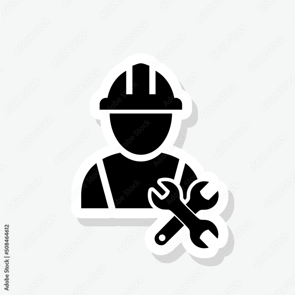 Worker with tool icon sticker sign for mobile concept and web design