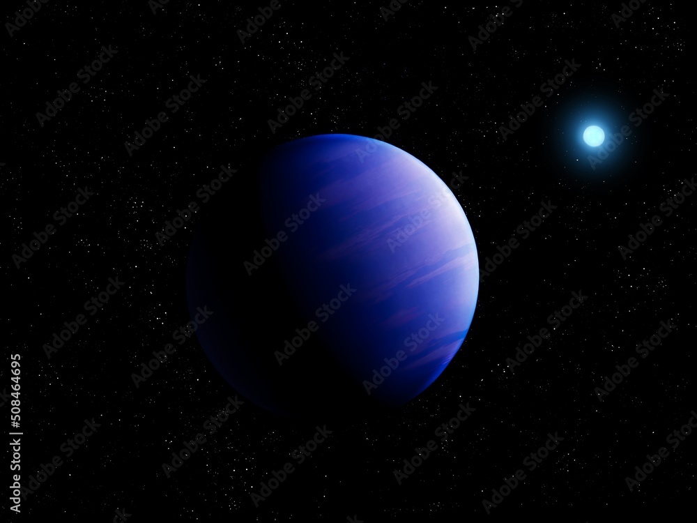 Mysterious blue exoplanet with a star in space. Extrasolar planet, Super-earth. Mysterious blue exoplanet with a star in space. Extrasolar planet, Super-earth.