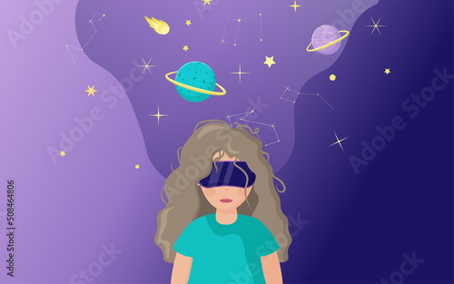 A woman wearing virtual reality glasses is connected to the virtual space of the metaverse. Vector poster, banner, background technology of digital virtual reality, NFT art.