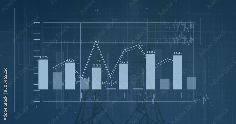 Naklejka premium Image of financial data processing over electricity pylons and landscape