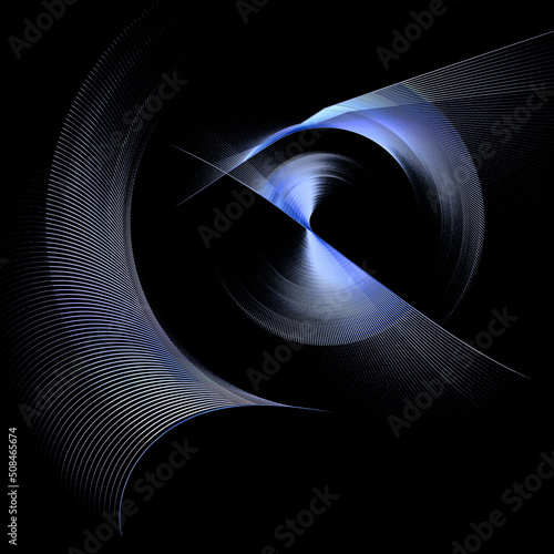 Blue striped  straight and arcuate blades of an abstract propeller rotate on a black background. Icon  logo  symbol  sign. 3d rendering. 3d illustration.