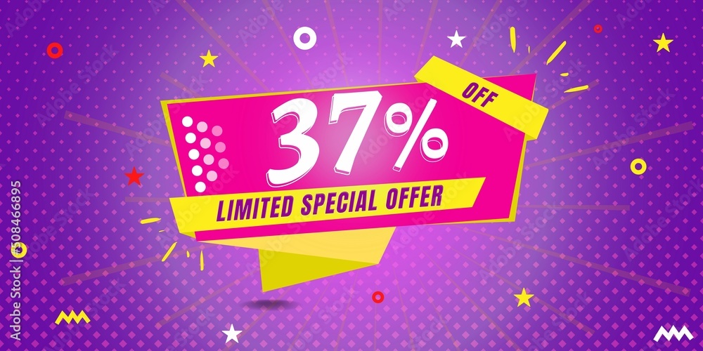 37% off limited special offer. Banner with thirty seven percent discount on a  purple background with yellow square and pink