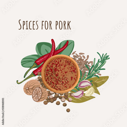 Set of spices for pork Oregano, Chili pepper, Garlic, Bay leaf, Allspice, Nutmeg, Rosemary, Caraway, and powdered spices in a wooden bowl. Top view. Flat style. Vector illustration