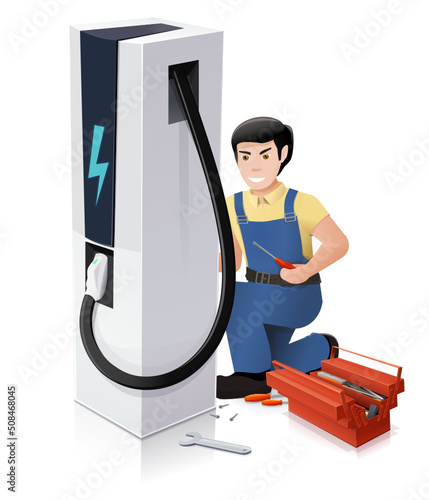 Electric vehicle charging station undergoing maintenance with a kneeling repairman with his toolbox