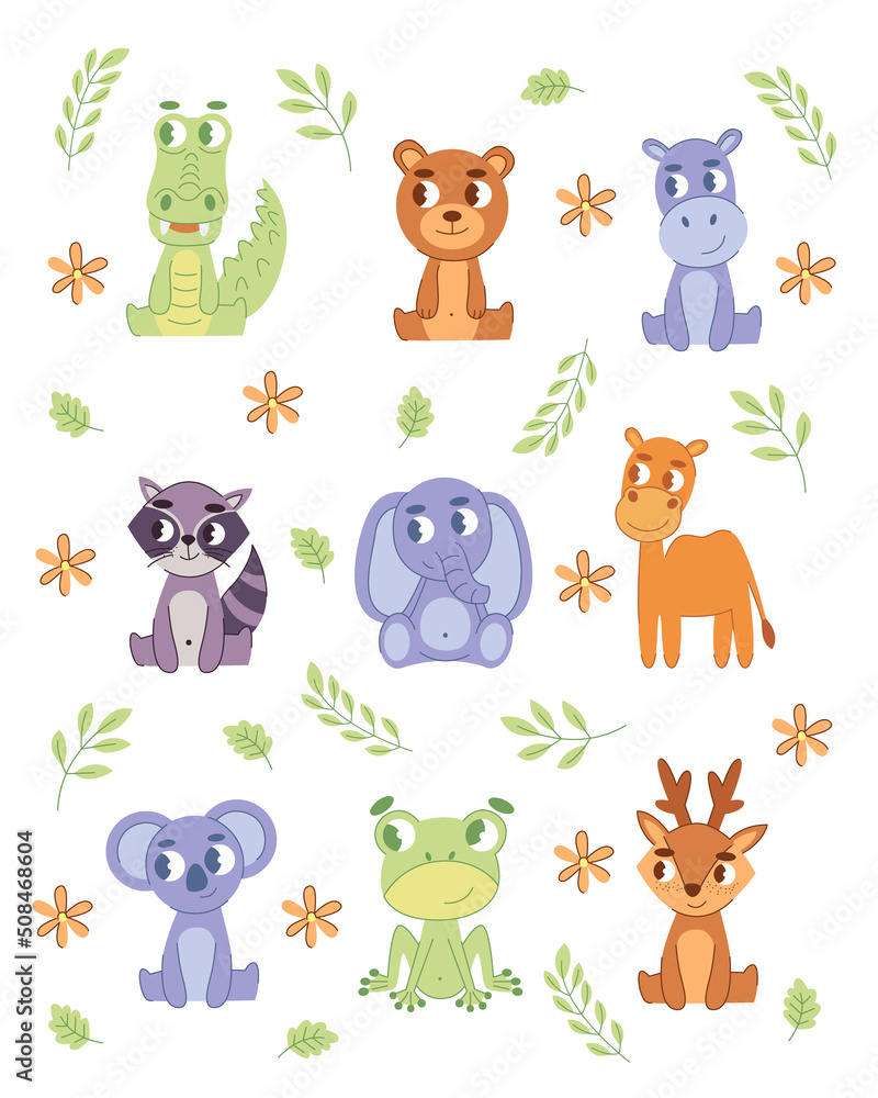 Fototapeta premium Cute wild animals set including lion, tiger, hippo, bear, fox, zebra, giraffe, and elephant.
