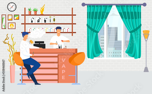 Vape shop keeper serving customers who smoking electronic vaporizer cigarettes. Vape shop vector illustration, Eps 10.