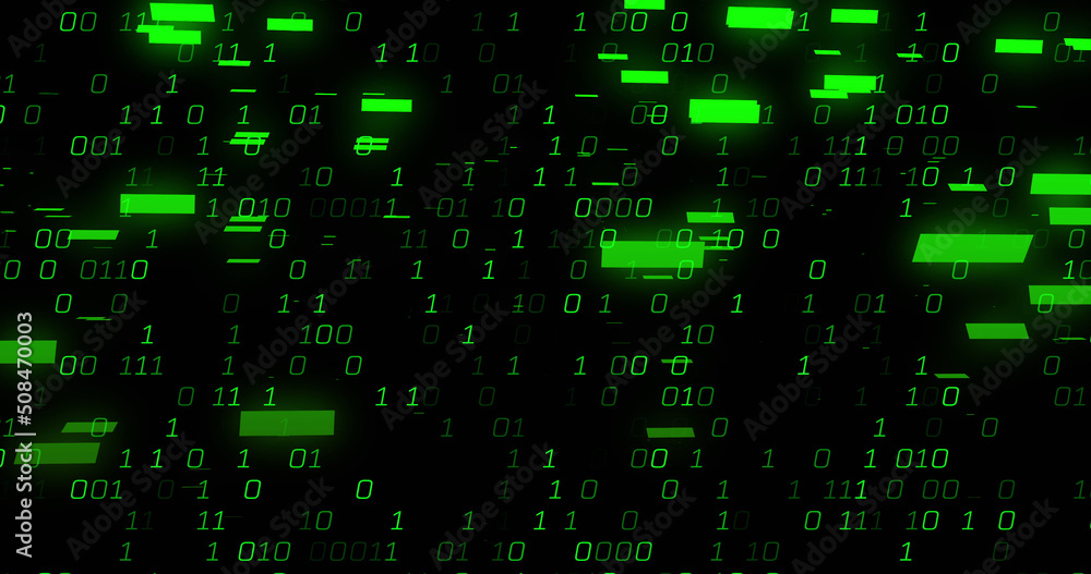 Image of green binary coding data processing over black background