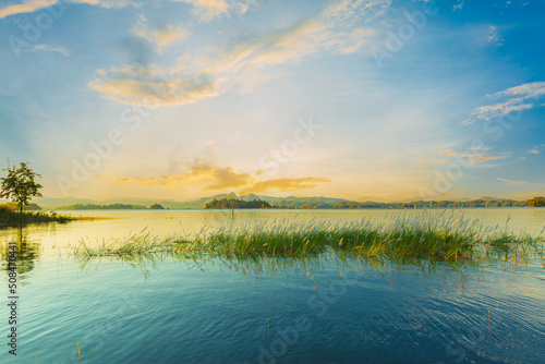 lake and mountains in the morning Mountain landscape  picturesque mountain lake in the summer morning  Beauty of nature concept background. lake and mountain on background in the morning time. natural