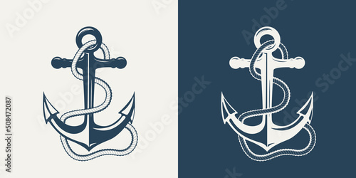 Vector Hand drawn Anchor Icon Set. Design Template for Tattoos, Tshirt, Logo, Labels. Anchor with Rope. Antique Vintage Marine Anchors