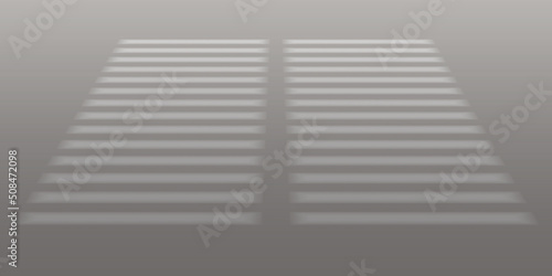 Shadow transparent overlay effect on the floor. Realistic window light and shadow. Soft light shadow from window and jalousie. Long shadow on surface. Natural lighting. Photorealistic reflection