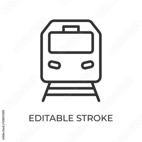 Train front view line icon. Railway transport. Used for passenger and freight traffic. Isolated vector illustration on a white background. Editable stroke.