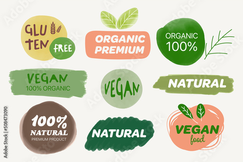 Organic label and natural label banner hand drawn stain brush watercolor. Tag and Sticker Farm fresh logo vegan food mark.