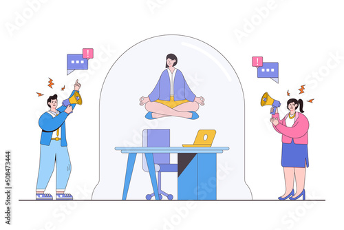 Ignore noise or distractions, remain calm, avoid conflict or problems, and challenges of working in toxic workplace concepts. Businesswoman meditating and keep calm while ignoring from people noise