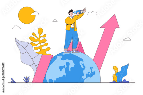 World economic vision or worldwide business, work or investment possibility concepts with people characters. Smart businessman standing on earth with binoculars looking for future opportunities