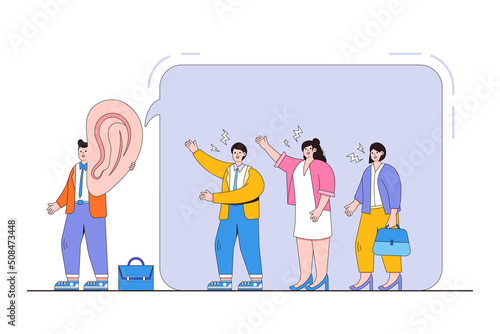 Good listener boss listens and accepts any opinions, suggestions, or customer feedback concepts illustrations. A wise businessman with big ear is making an effort to listen to all colleagues advice