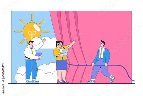 Ideation, brainstorming for new ideas, successful meeting discussion, team collaboration for solution discovery, scrum concepts. Businesspeople opening curtains trying to get some new innovations