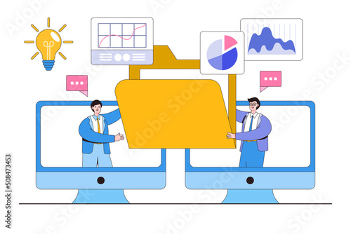 Outsourcing service, passing or transferring work to another worker, and remote work or telework concepts illustrations. Businessman boss pass or relay file document to outsource team