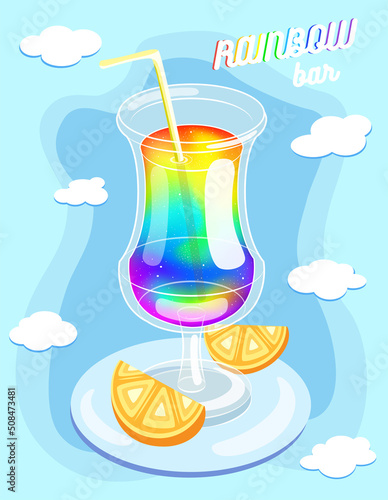 Vector illustration of a glass full of liquid rainbow inside with oranges and clouds on the background.