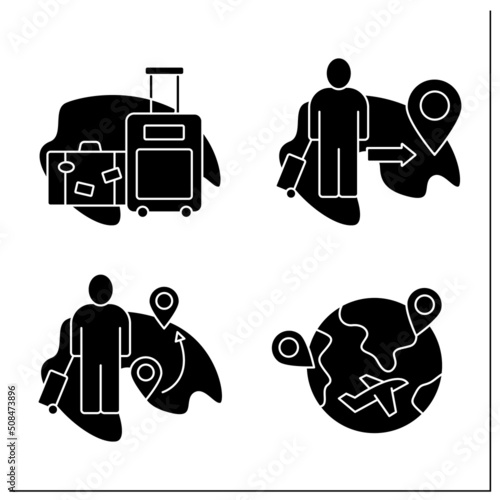 Migration glyph icons set. Stateless person, assimilation, diaspora, family migration. Relocation concept. Filled flat signs. Isolated silhouette vector illustrations