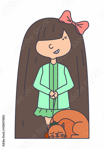 cute little girl with red cat vector illustration