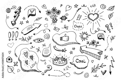 Vector doodle illustration with arrows, elements and icons of social networks.