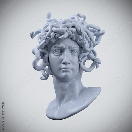 Digital illustration from 3D rendering of snake hair Medusa white marble classical head bust on a pedestal isolated on background.