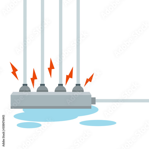 Wet cables and connectors. Water puddle and fire safety. Home appliance. Yellow and red sparks of lightning. Dangerous socket. Cartoon flat illustration. The problem with electricity
