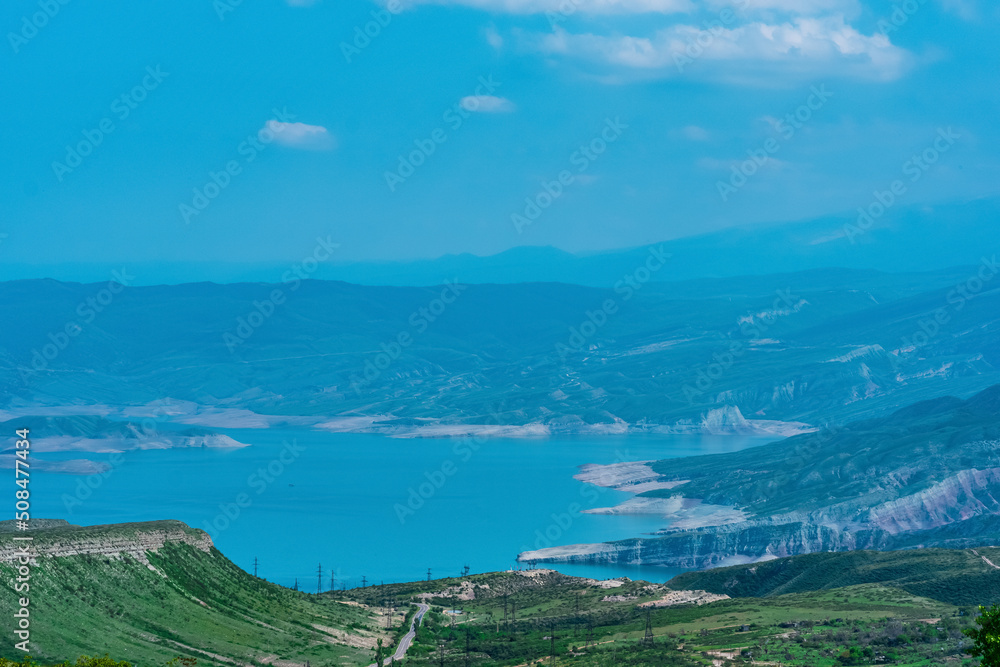 mountain landscape with the reservoir of the Chirkey hydroelectric power station in Dagestan