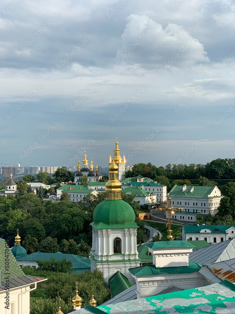 Top view on the Church and other buildings in the courtyard of the Kiev-Pechersk Lavra Monastery Complex, Kyiv, Ukraine. Religion concept
