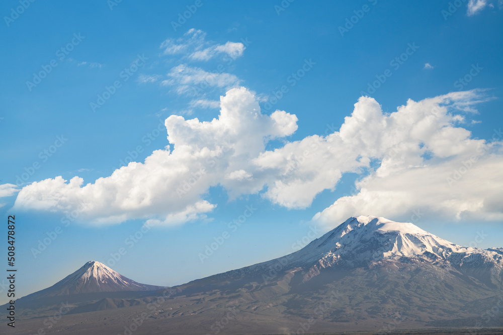 Snow covered Ararat mountains at the sunset.