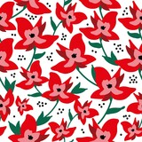 Simple vintage pattern. red flowers, green leaves. white background. Fashionable print for textiles and wallpaper.