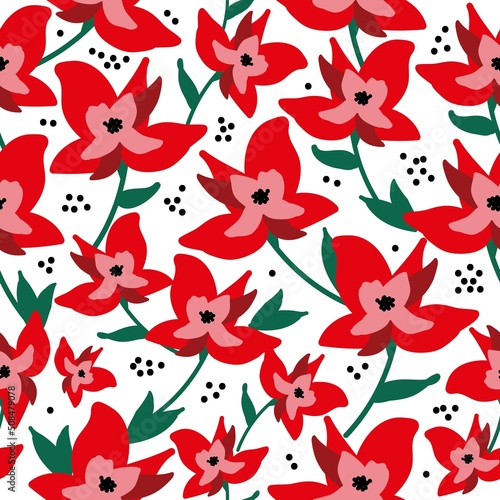 Simple vintage pattern. red flowers, green leaves. white background. Fashionable print for textiles and wallpaper.
