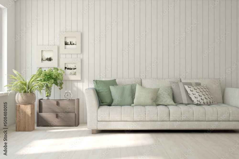 Fototapeta premium White living room with sofa. Scandinavian interior design. 3D illustration
