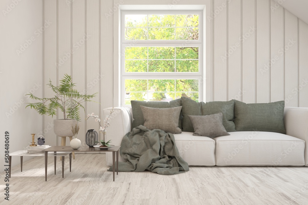 White living room with sofa and summer landscape in window. Scandinavian interior design. 3D illustration White living room with sofa and summer landscape in window. Scandinavian interior design. 3D illustration
