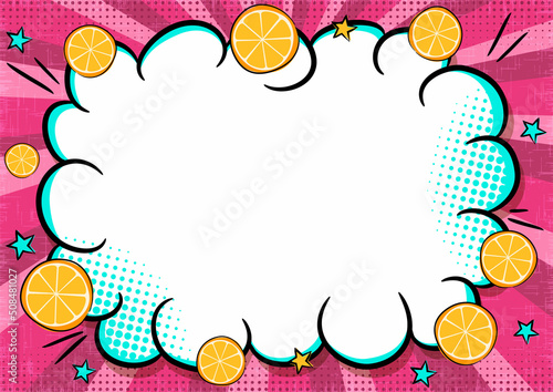 Bright comic speech bubble with Summer juicy in popart style. Empty Box for text in cloud shape with orange and stars. Cartoon Vector illustration. Template for offer, announcements or promotions