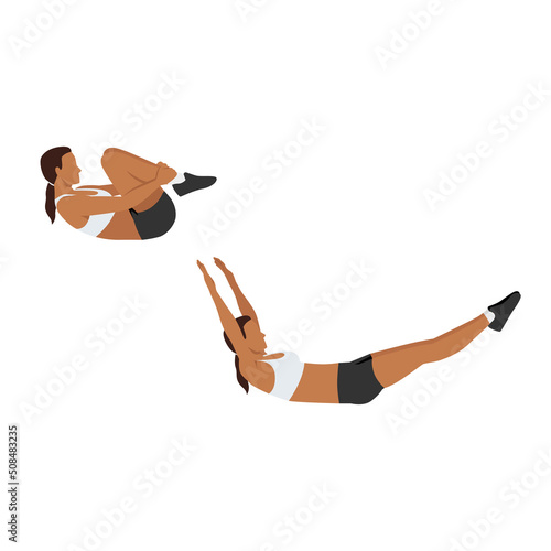 Woman doing Double leg stretch exercise. Flat vector illustration isolated on white background