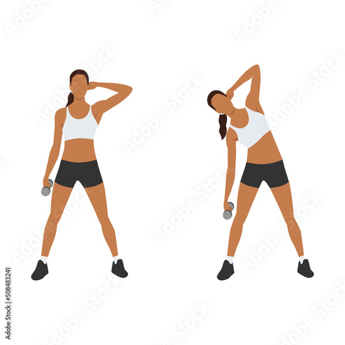 Woman doing Dumbbell side bend exercise. Flat vector illustration isolated on white background