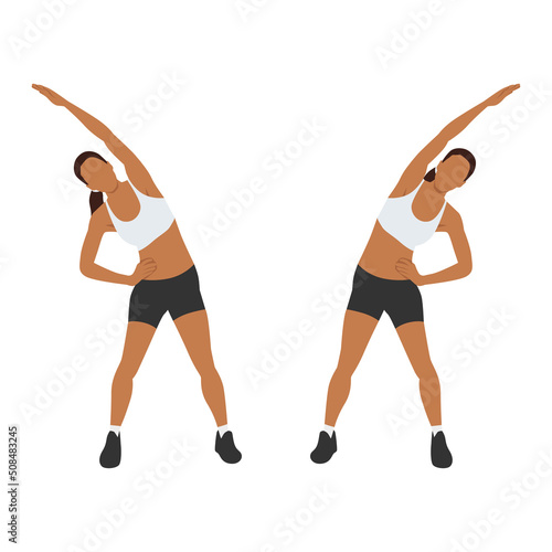 Woman doing Obliques stretch exercise. Flat vector illustration isolated on white background